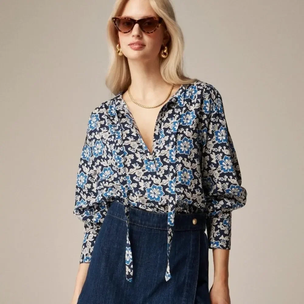 J.Crew V-Neck Tie Top XXS Floral Print Dobby Blue Navy Dark‎ Evening Floral